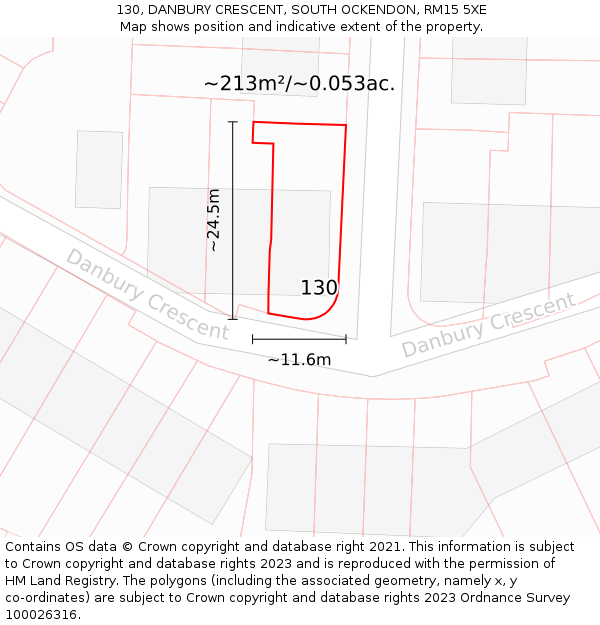 130, DANBURY CRESCENT, SOUTH OCKENDON, RM15 5XE: Plot and title map