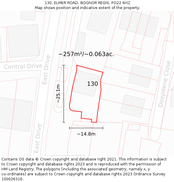 130, ELMER ROAD, BOGNOR REGIS, PO22 6HZ: Plot and title map