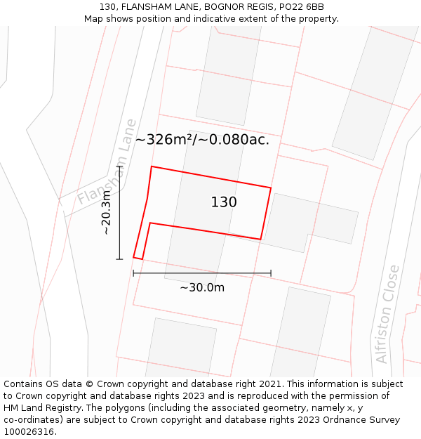 130, FLANSHAM LANE, BOGNOR REGIS, PO22 6BB: Plot and title map