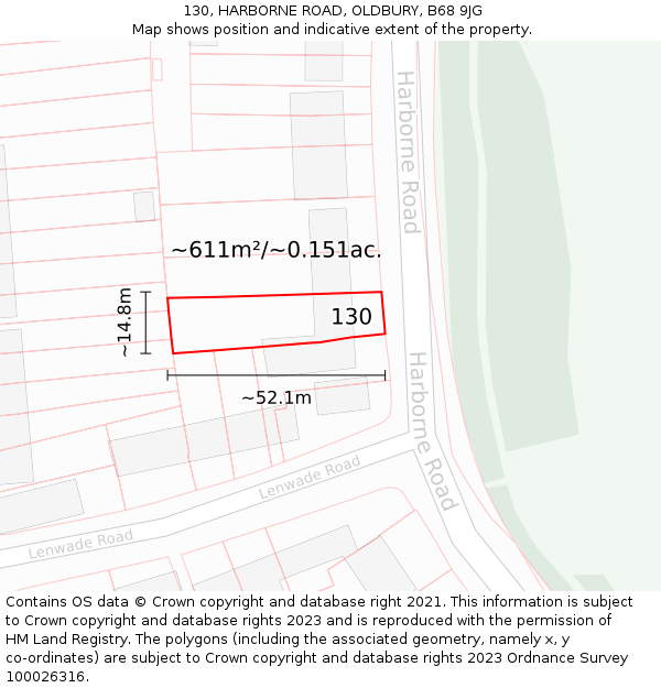 130, HARBORNE ROAD, OLDBURY, B68 9JG: Plot and title map