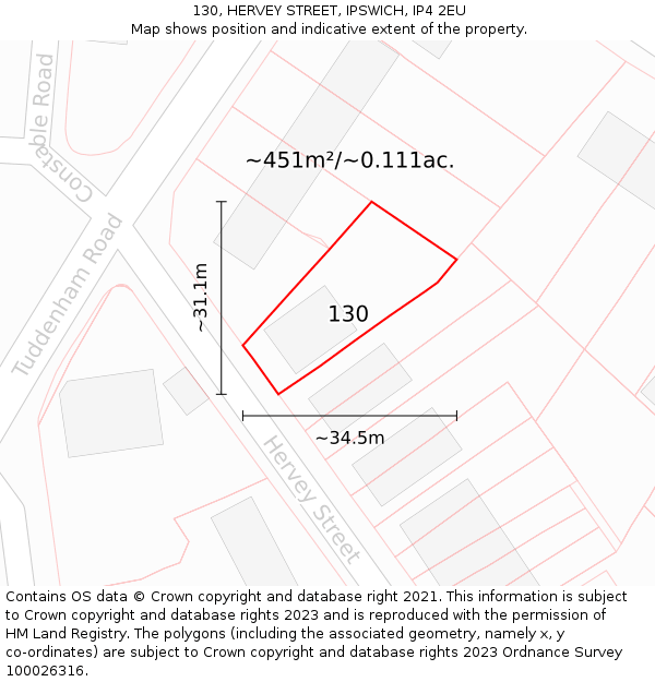 130, HERVEY STREET, IPSWICH, IP4 2EU: Plot and title map