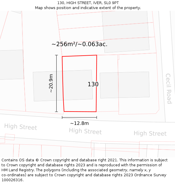 130, HIGH STREET, IVER, SL0 9PT: Plot and title map
