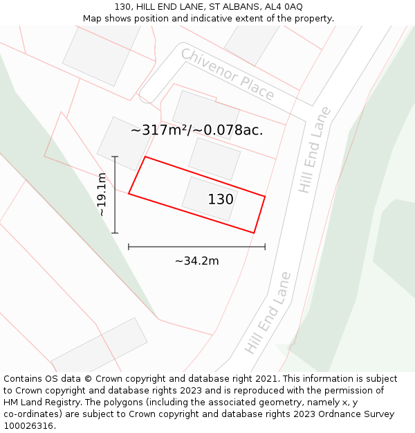 130, HILL END LANE, ST ALBANS, AL4 0AQ: Plot and title map