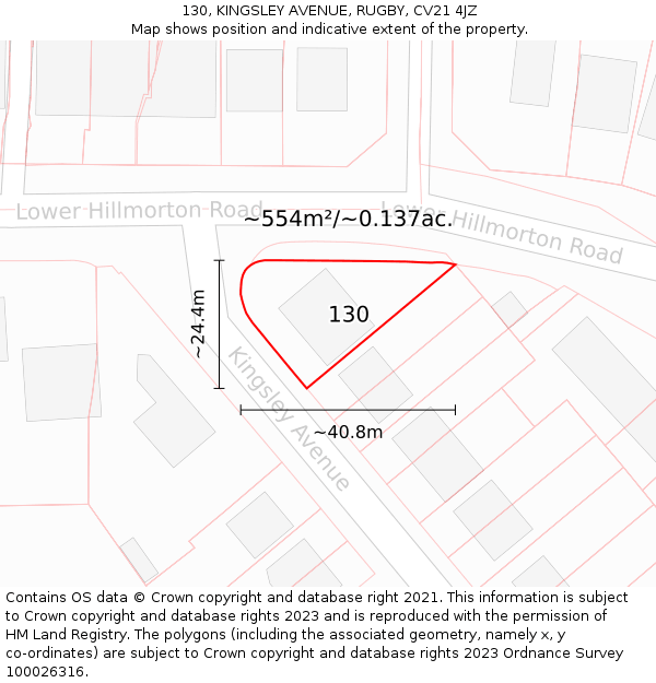 130, KINGSLEY AVENUE, RUGBY, CV21 4JZ: Plot and title map