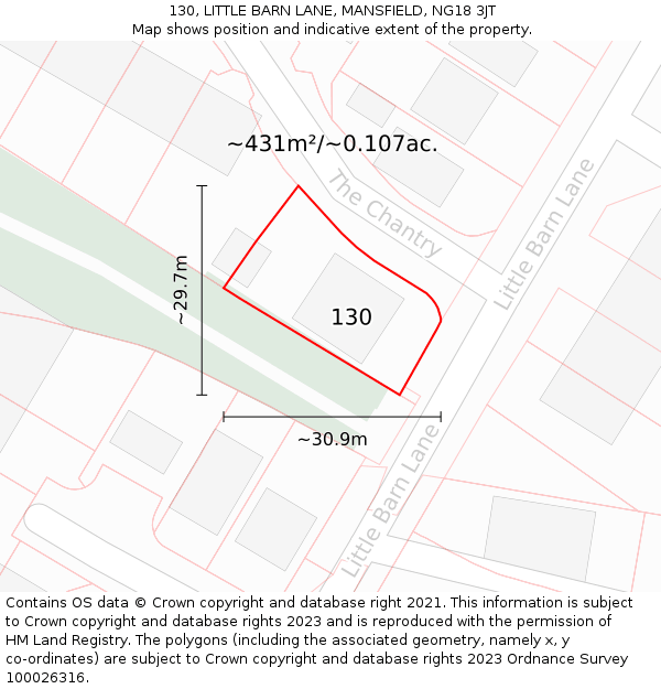 130, LITTLE BARN LANE, MANSFIELD, NG18 3JT: Plot and title map