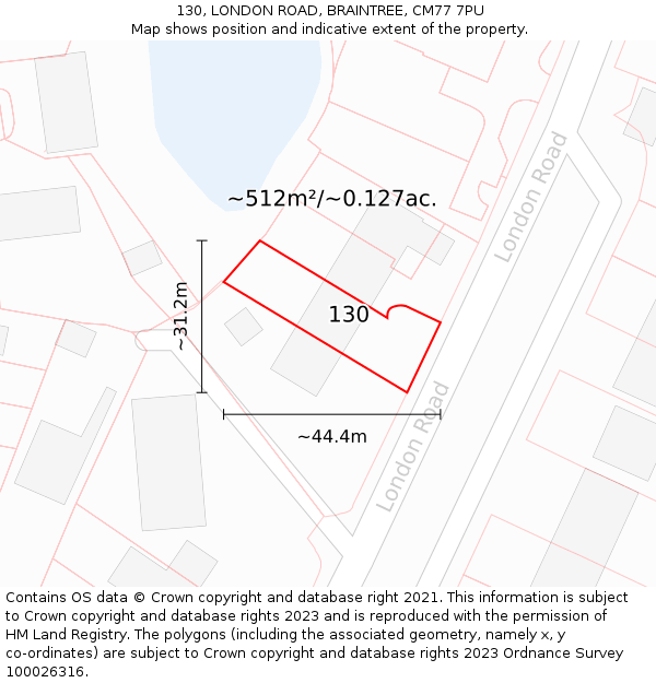 130, LONDON ROAD, BRAINTREE, CM77 7PU: Plot and title map