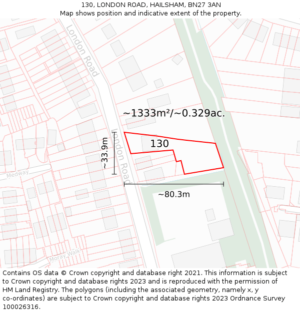 130, LONDON ROAD, HAILSHAM, BN27 3AN: Plot and title map