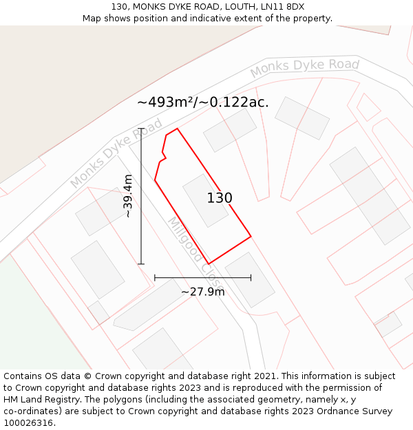 130, MONKS DYKE ROAD, LOUTH, LN11 8DX: Plot and title map