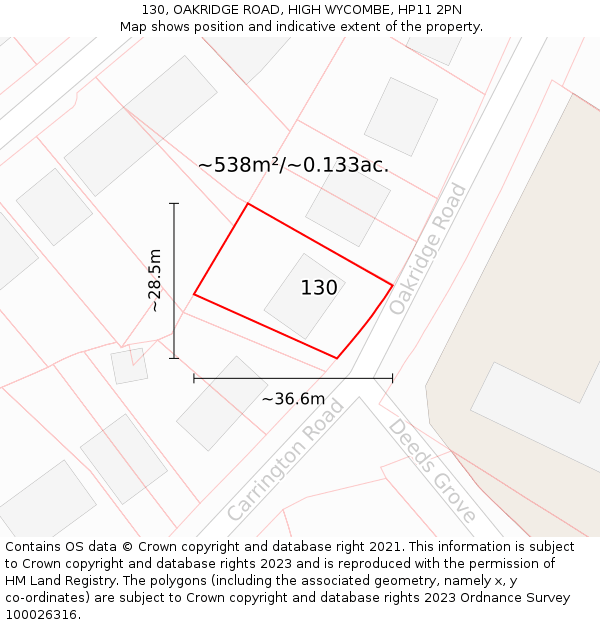 130, OAKRIDGE ROAD, HIGH WYCOMBE, HP11 2PN: Plot and title map