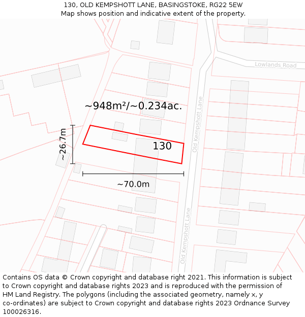 130, OLD KEMPSHOTT LANE, BASINGSTOKE, RG22 5EW: Plot and title map