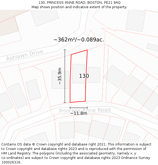 130, PRINCESS ANNE ROAD, BOSTON, PE21 9AQ: Plot and title map