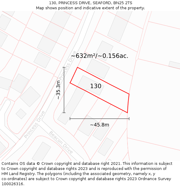 130, PRINCESS DRIVE, SEAFORD, BN25 2TS: Plot and title map