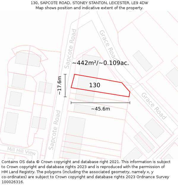 130, SAPCOTE ROAD, STONEY STANTON, LEICESTER, LE9 4DW: Plot and title map