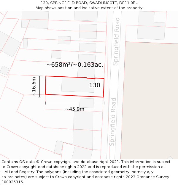 130, SPRINGFIELD ROAD, SWADLINCOTE, DE11 0BU: Plot and title map