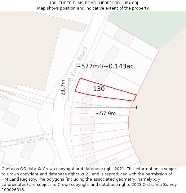 130, THREE ELMS ROAD, HEREFORD, HR4 0RJ: Plot and title map