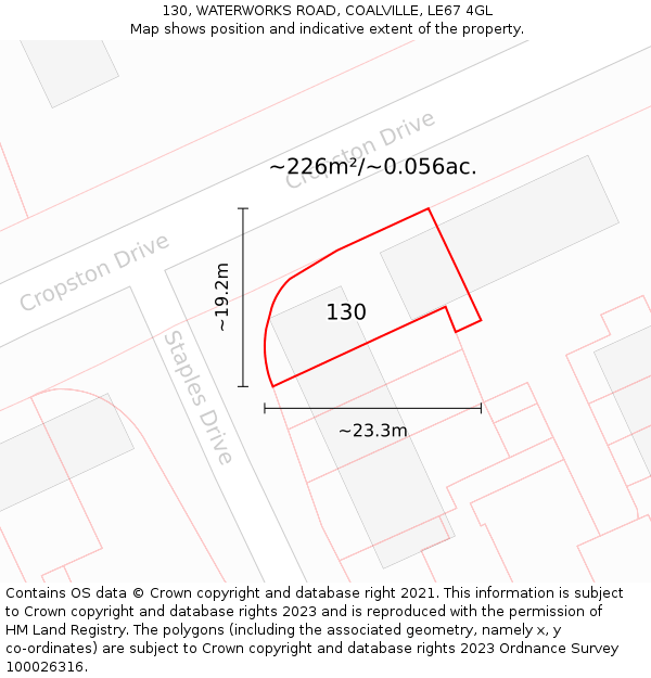 130, WATERWORKS ROAD, COALVILLE, LE67 4GL: Plot and title map