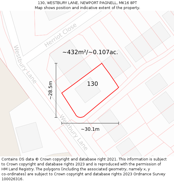 130, WESTBURY LANE, NEWPORT PAGNELL, MK16 8PT: Plot and title map