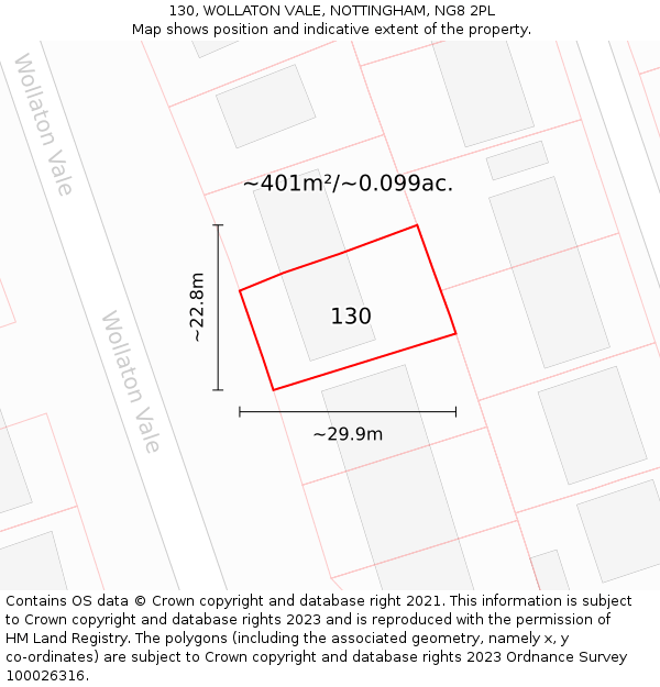 130, WOLLATON VALE, NOTTINGHAM, NG8 2PL: Plot and title map