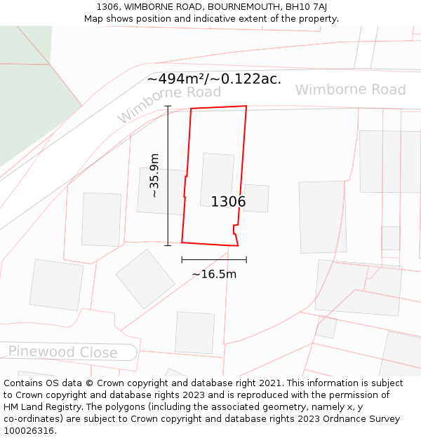 1306, WIMBORNE ROAD, BOURNEMOUTH, BH10 7AJ: Plot and title map