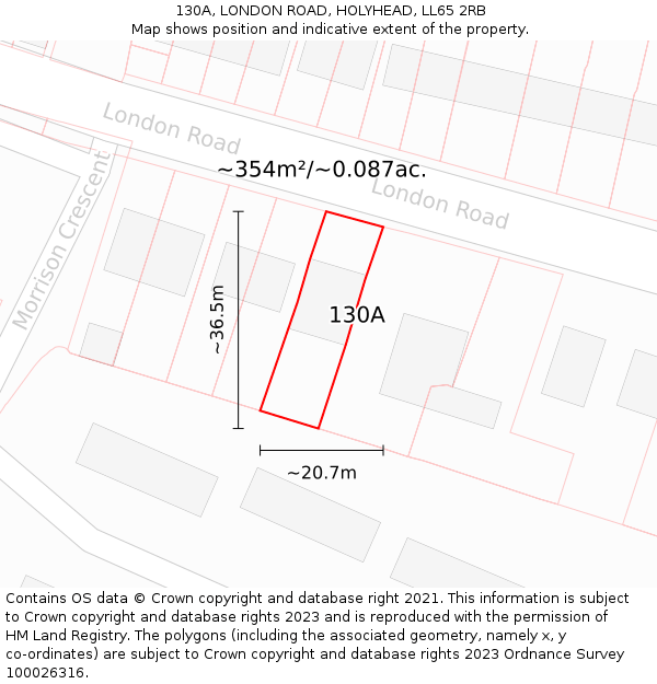 130A, LONDON ROAD, HOLYHEAD, LL65 2RB: Plot and title map