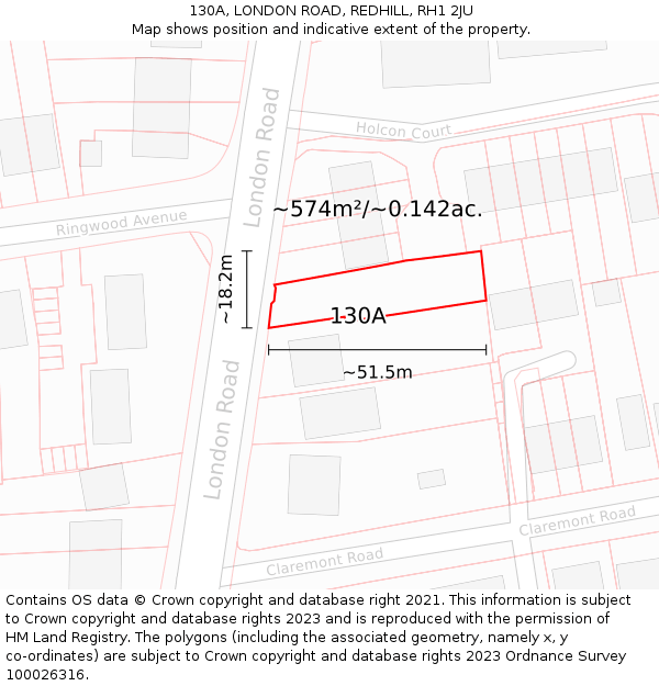 130A, LONDON ROAD, REDHILL, RH1 2JU: Plot and title map