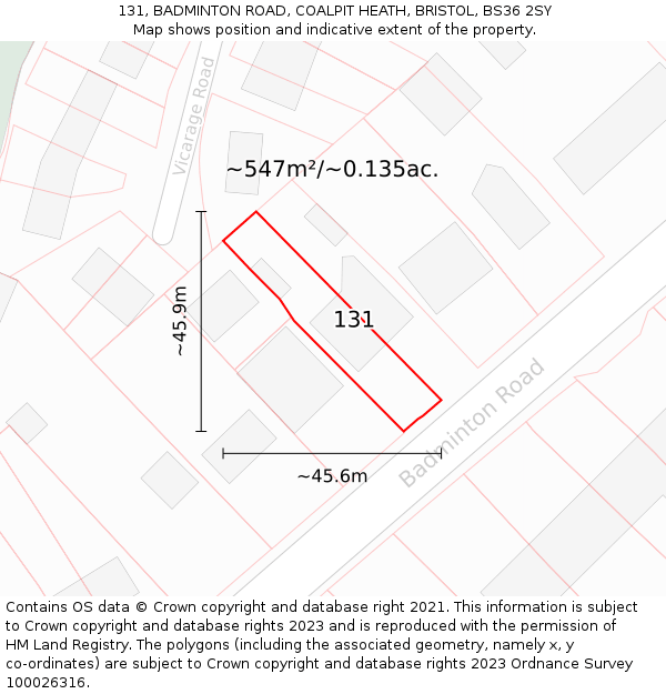 131, BADMINTON ROAD, COALPIT HEATH, BRISTOL, BS36 2SY: Plot and title map