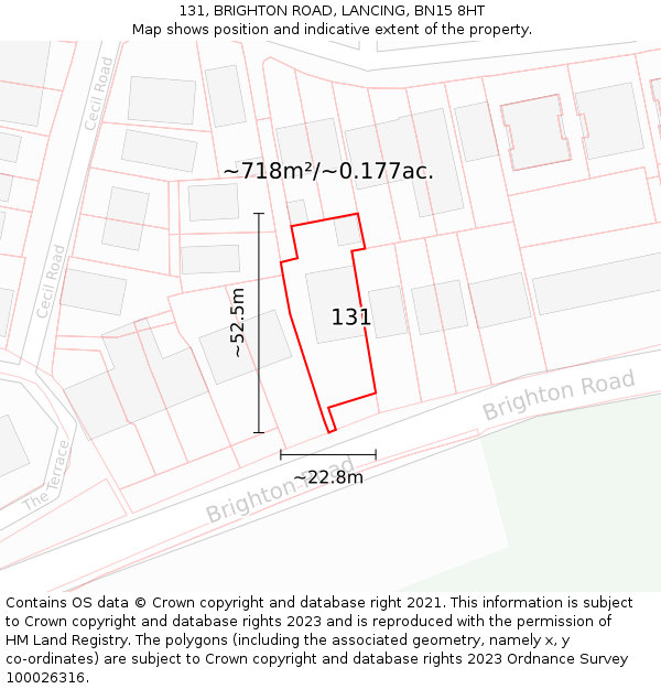 131, BRIGHTON ROAD, LANCING, BN15 8HT: Plot and title map