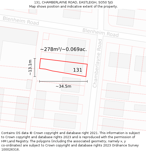 131, CHAMBERLAYNE ROAD, EASTLEIGH, SO50 5JG: Plot and title map