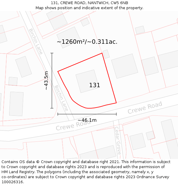 131, CREWE ROAD, NANTWICH, CW5 6NB: Plot and title map