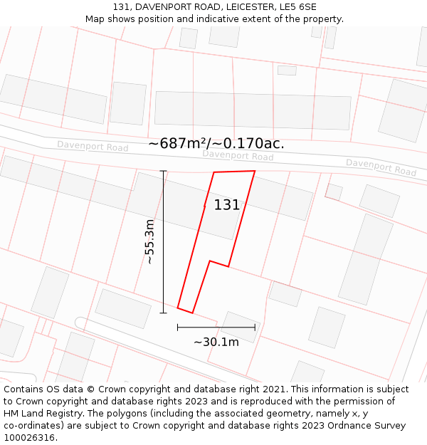 131, DAVENPORT ROAD, LEICESTER, LE5 6SE: Plot and title map