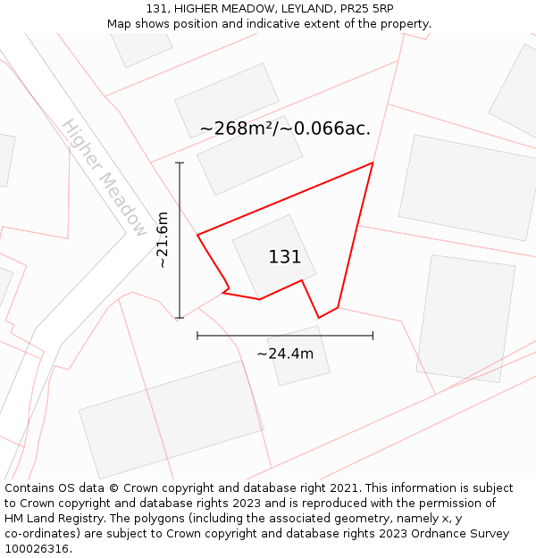 131, HIGHER MEADOW, LEYLAND, PR25 5RP: Plot and title map