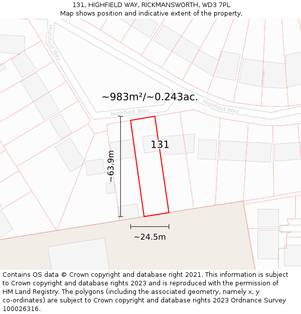 131, HIGHFIELD WAY, RICKMANSWORTH, WD3 7PL: Plot and title map