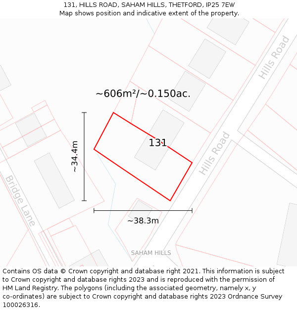 131, HILLS ROAD, SAHAM HILLS, THETFORD, IP25 7EW: Plot and title map