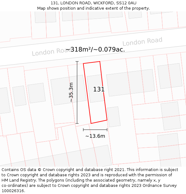 131, LONDON ROAD, WICKFORD, SS12 0AU: Plot and title map