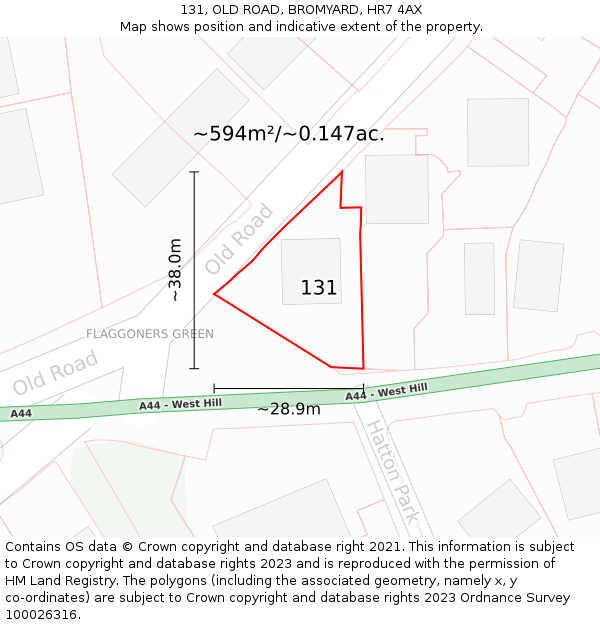 131, OLD ROAD, BROMYARD, HR7 4AX: Plot and title map