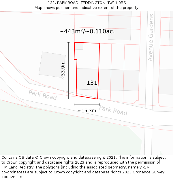 131, PARK ROAD, TEDDINGTON, TW11 0BS: Plot and title map