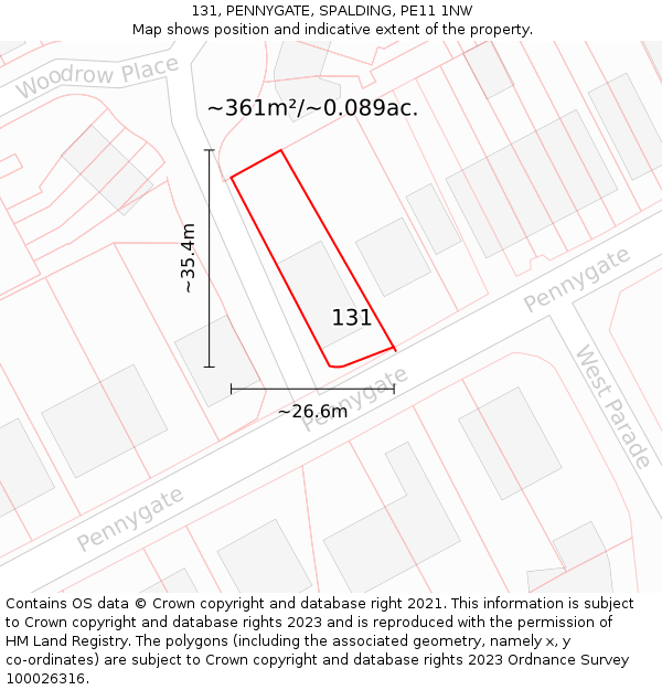 131, PENNYGATE, SPALDING, PE11 1NW: Plot and title map