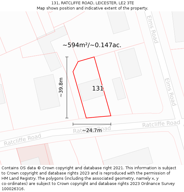 131, RATCLIFFE ROAD, LEICESTER, LE2 3TE: Plot and title map