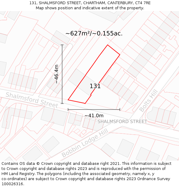 131, SHALMSFORD STREET, CHARTHAM, CANTERBURY, CT4 7RE: Plot and title map