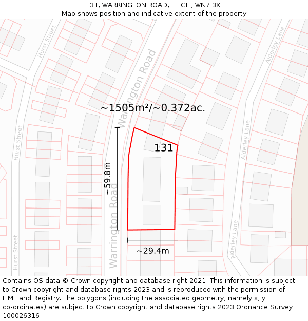 131, WARRINGTON ROAD, LEIGH, WN7 3XE: Plot and title map