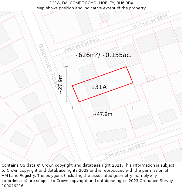 131A, BALCOMBE ROAD, HORLEY, RH6 9BX: Plot and title map