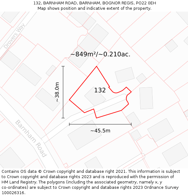 132, BARNHAM ROAD, BARNHAM, BOGNOR REGIS, PO22 0EH: Plot and title map