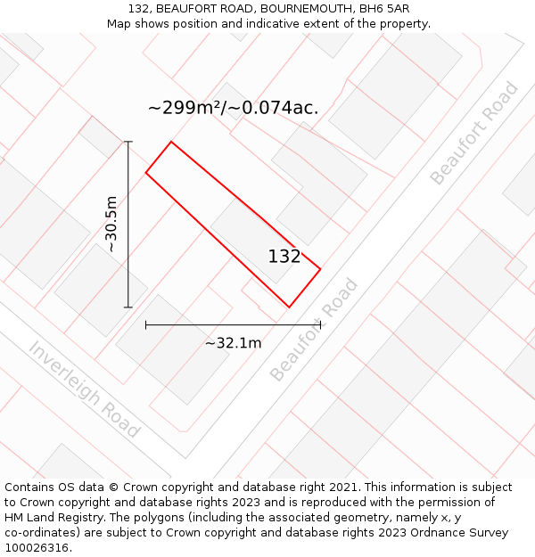 132, BEAUFORT ROAD, BOURNEMOUTH, BH6 5AR: Plot and title map