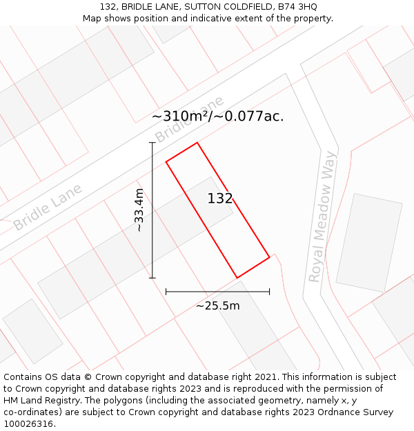 132, BRIDLE LANE, SUTTON COLDFIELD, B74 3HQ: Plot and title map