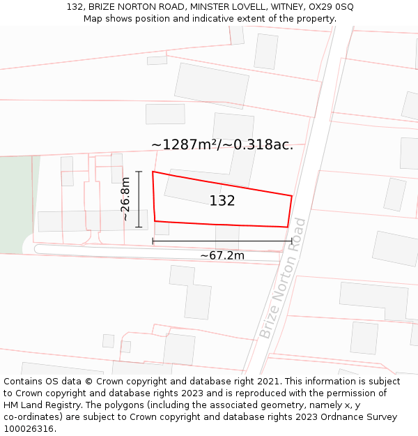 132, BRIZE NORTON ROAD, MINSTER LOVELL, WITNEY, OX29 0SQ: Plot and title map