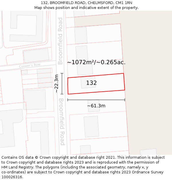 132, BROOMFIELD ROAD, CHELMSFORD, CM1 1RN: Plot and title map