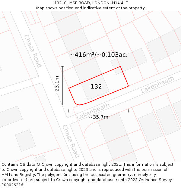 132, CHASE ROAD, LONDON, N14 4LE: Plot and title map