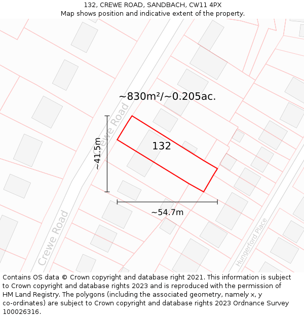 132, CREWE ROAD, SANDBACH, CW11 4PX: Plot and title map