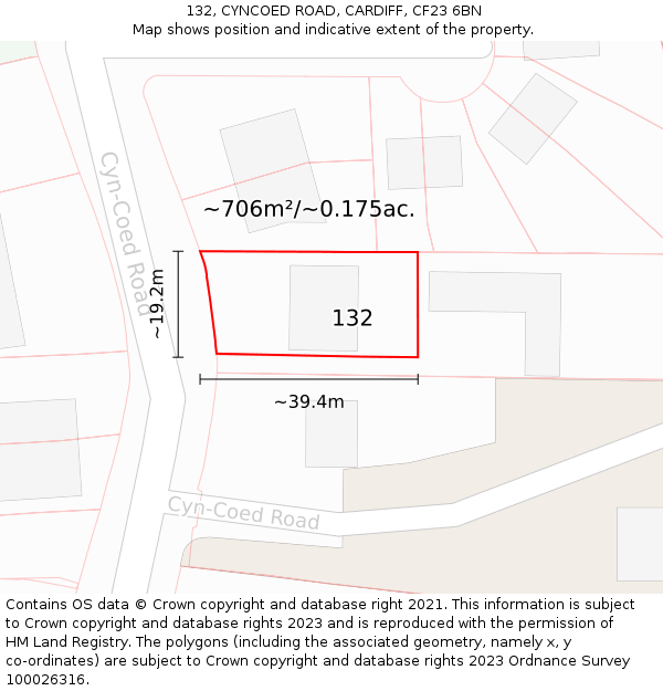 132, CYNCOED ROAD, CARDIFF, CF23 6BN: Plot and title map