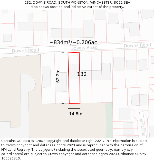 132, DOWNS ROAD, SOUTH WONSTON, WINCHESTER, SO21 3EH: Plot and title map